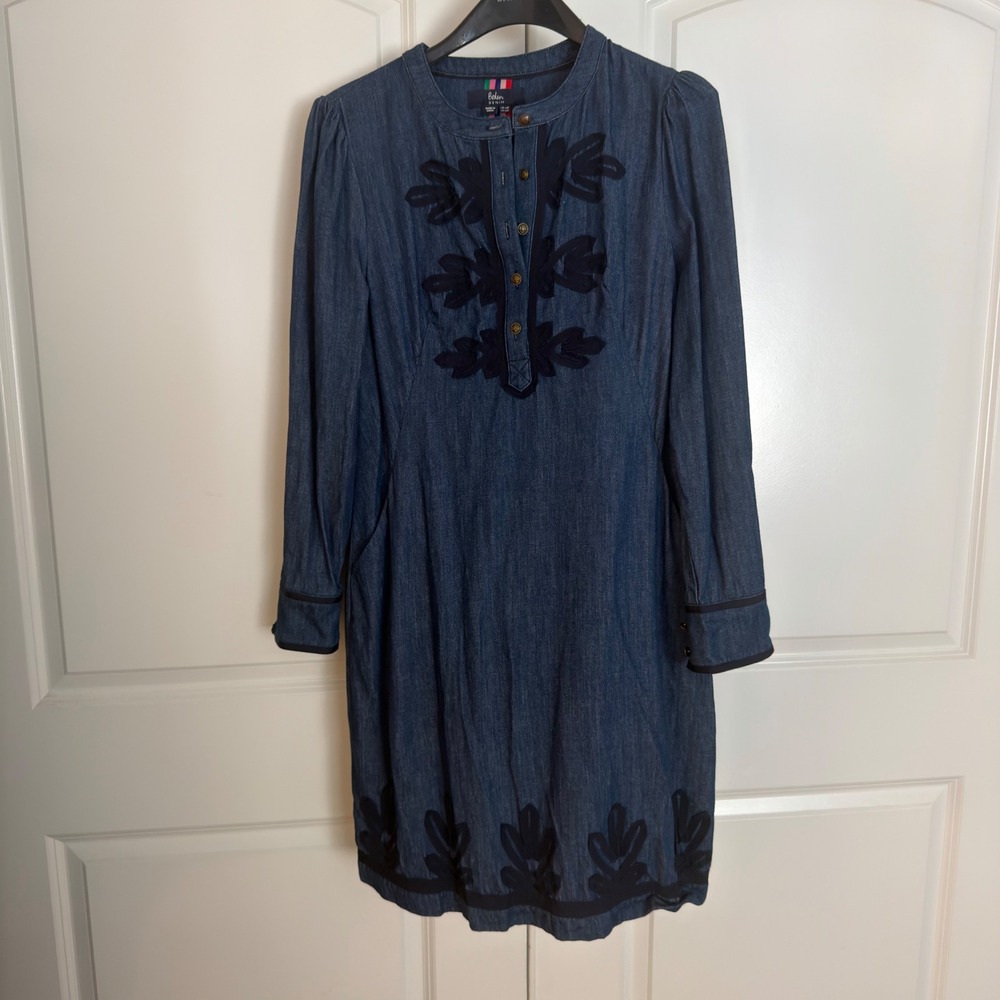 Boden Denim Embroidered Shift Dress Blue Long Sleeve Pockets US 10R UK 14R